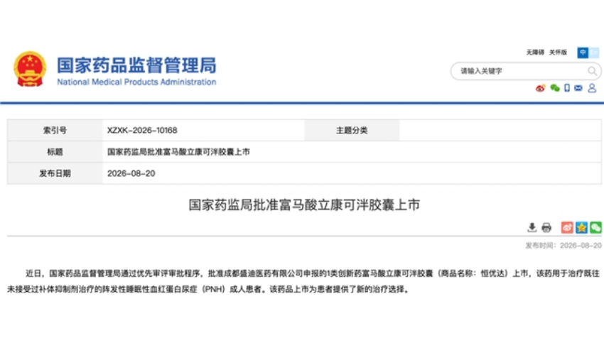 罕见病1类新药富马酸立康可泮胶囊获批上市